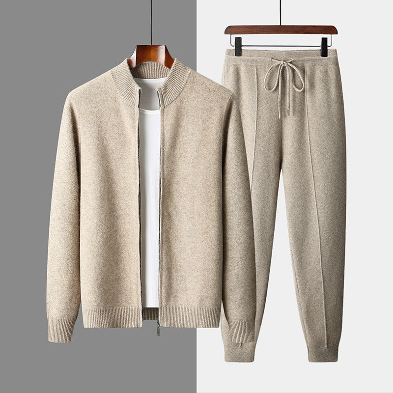 Wool Cardigan Men’s Stand Collar Zipper Knitted Sweater Coat Warm And Loose Cashmere Pants Men - Camel / S