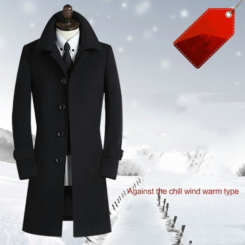 Wool Men’s Mid-length Korean Version Slim-fit British Style Business Windbreaker Coat