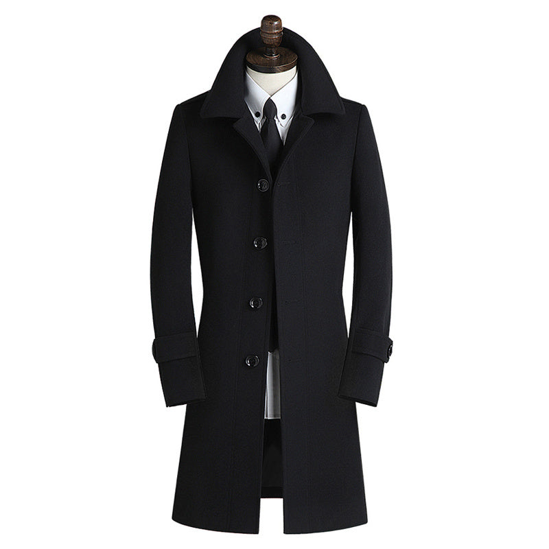 Wool Men’s Mid-length Korean Version Slim-fit British Style Business Windbreaker Coat - Black / S