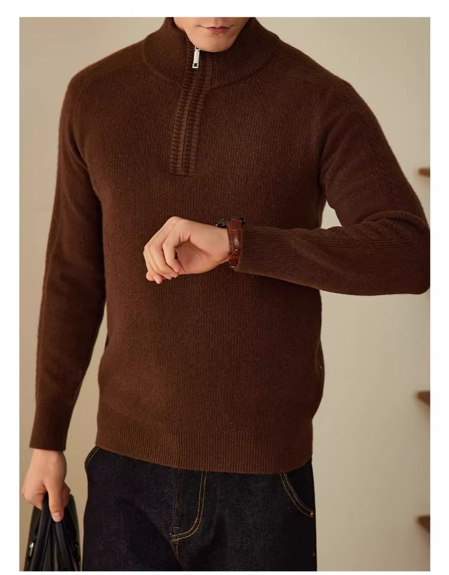 Wool Sweater Men’s Business Leisure Warm Sweater - Coffee and tea / 48