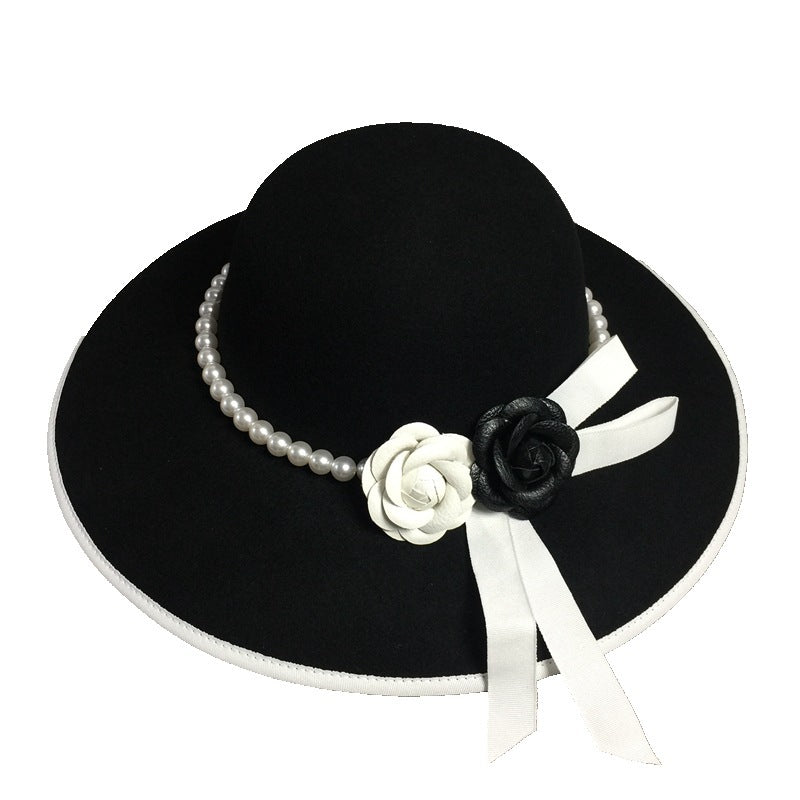 Woolen Big Brim Hat Elegant Flower Pearl Fisherman Hat - Black