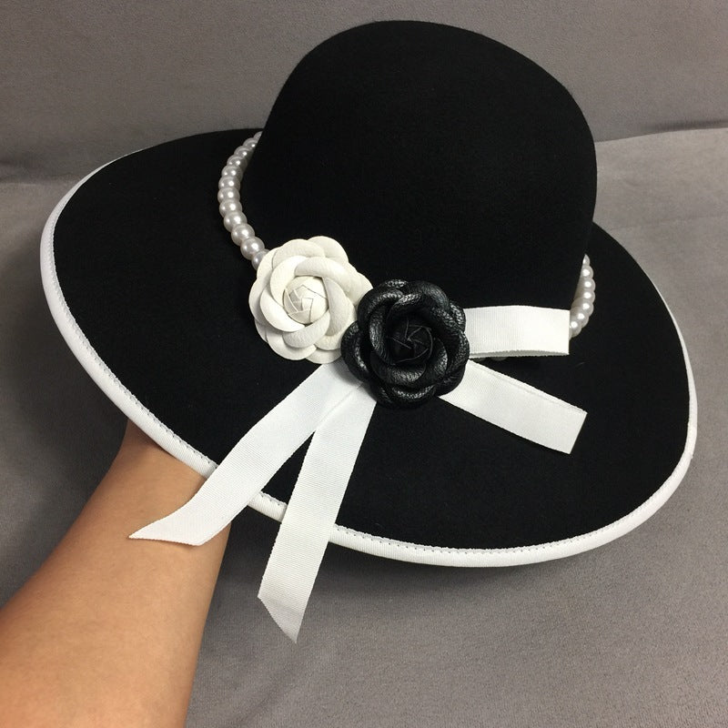 Woolen Big Brim Hat Elegant Flower Pearl Fisherman Hat - Black
