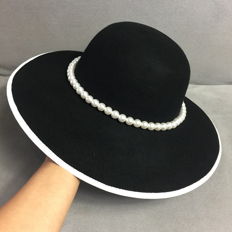 Woolen Big Brim Hat Elegant Flower Pearl Fisherman Hat - Black