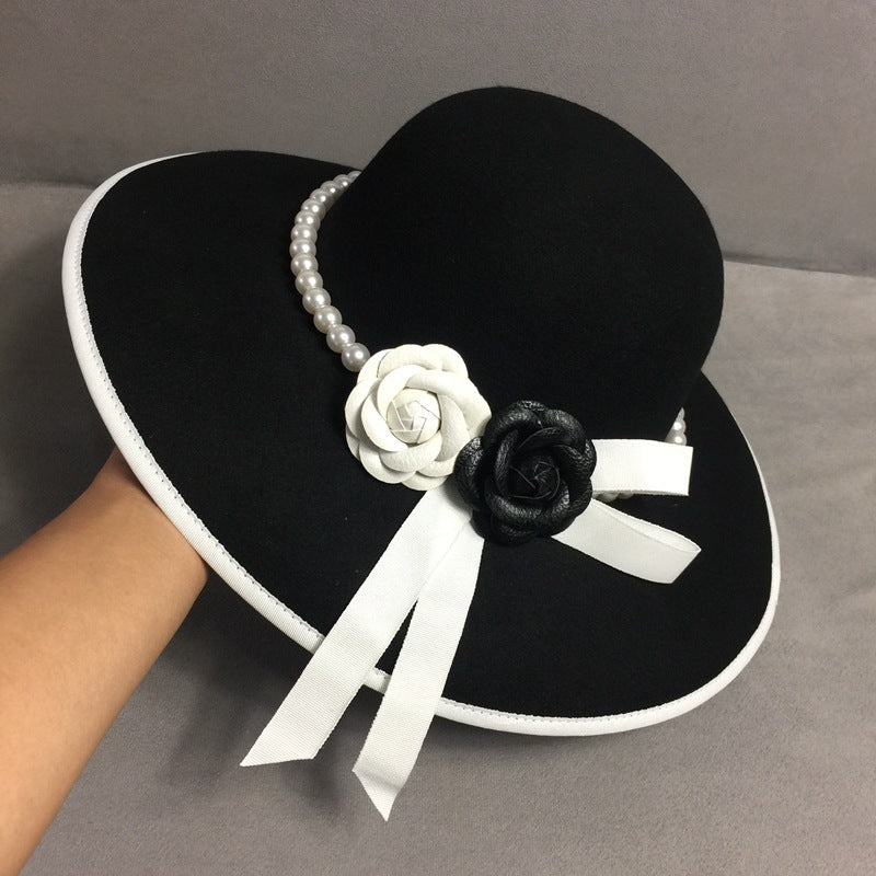 Woolen Big Brim Hat Elegant Flower Pearl Fisherman Hat - Black