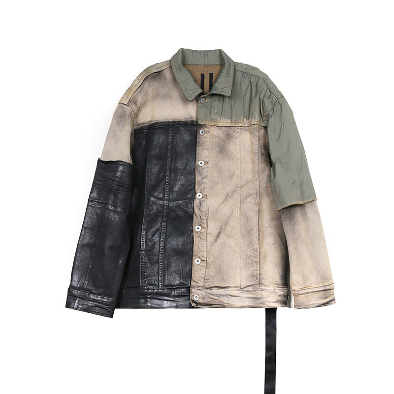 Worn Looking Washed-out Splicing Coating Brush Wax Deconstruction Denim Jacket Coat - Color Matching / S