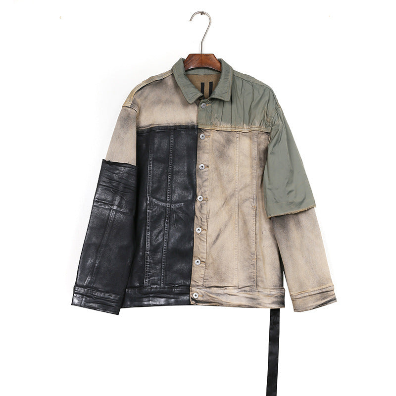 Worn Looking Washed-out Splicing Coating Brush Wax Deconstruction Denim Jacket Coat