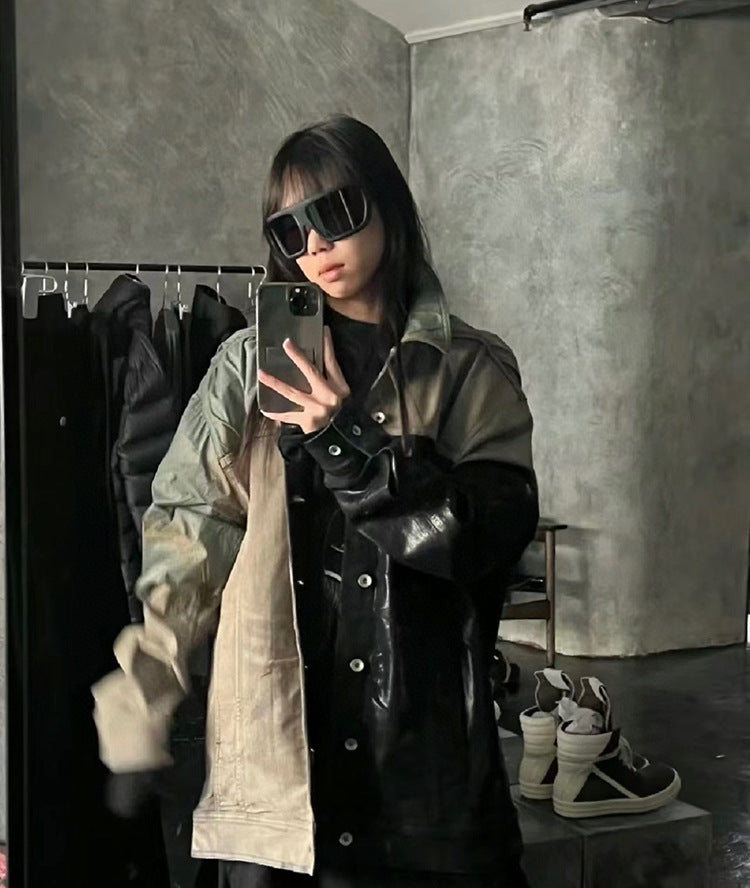 Worn Looking Washed-out Splicing Coating Brush Wax Deconstruction Denim Jacket Coat