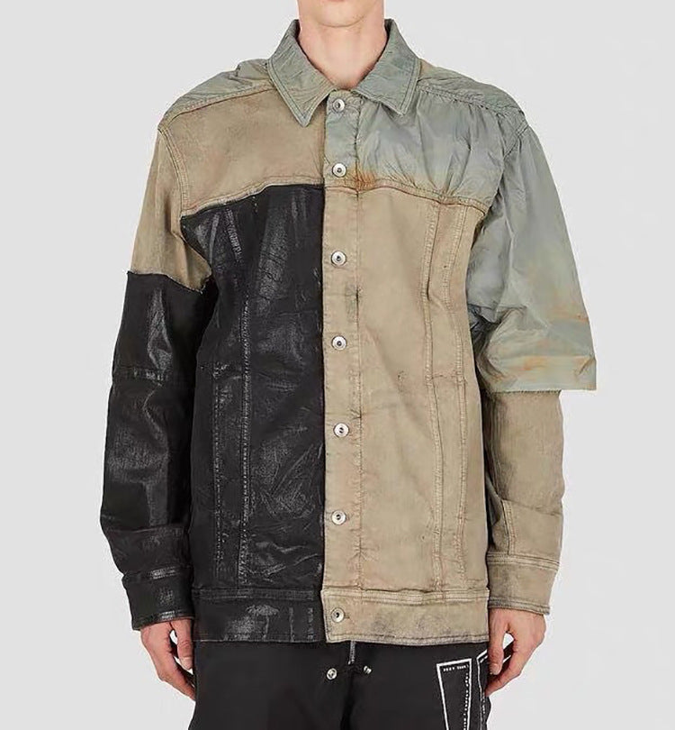 Worn Looking Washed-out Splicing Coating Brush Wax Deconstruction Denim Jacket Coat