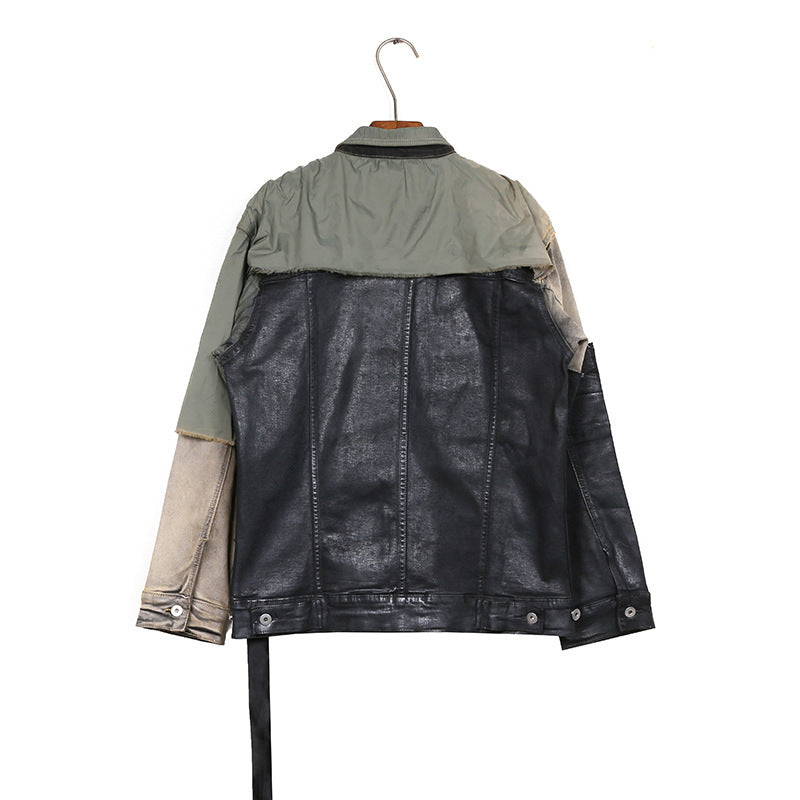 Worn Looking Washed-out Splicing Coating Brush Wax Deconstruction Denim Jacket Coat