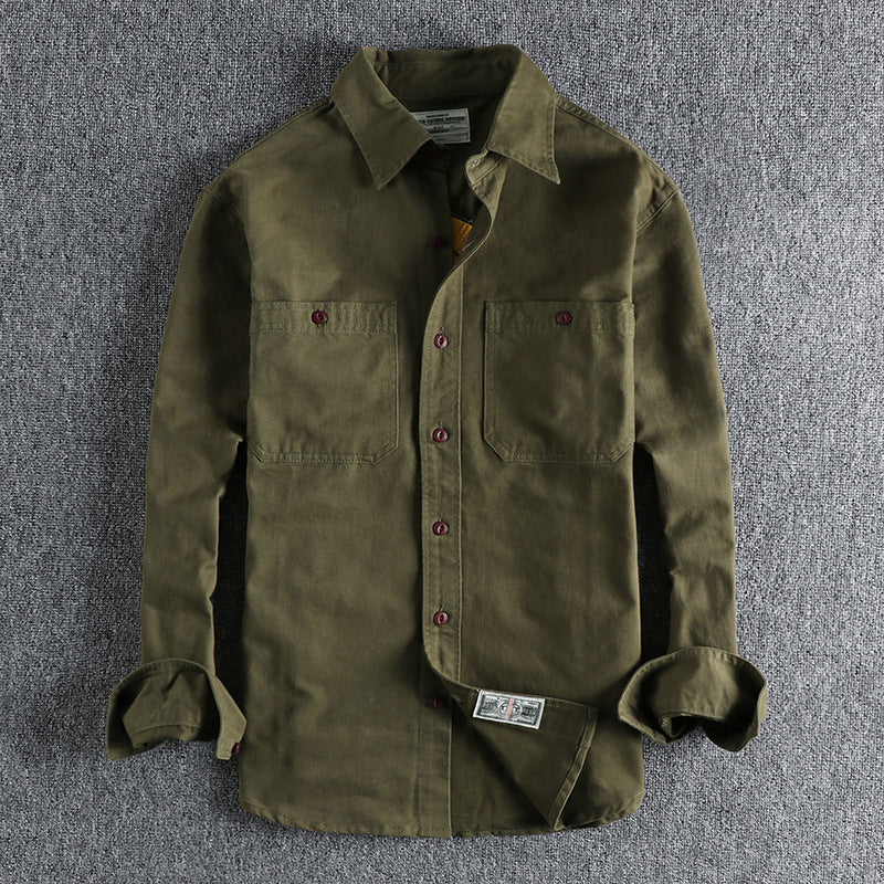 Back Embroidered Heavy Woven Long-sleeved Shirt - Army Green / S