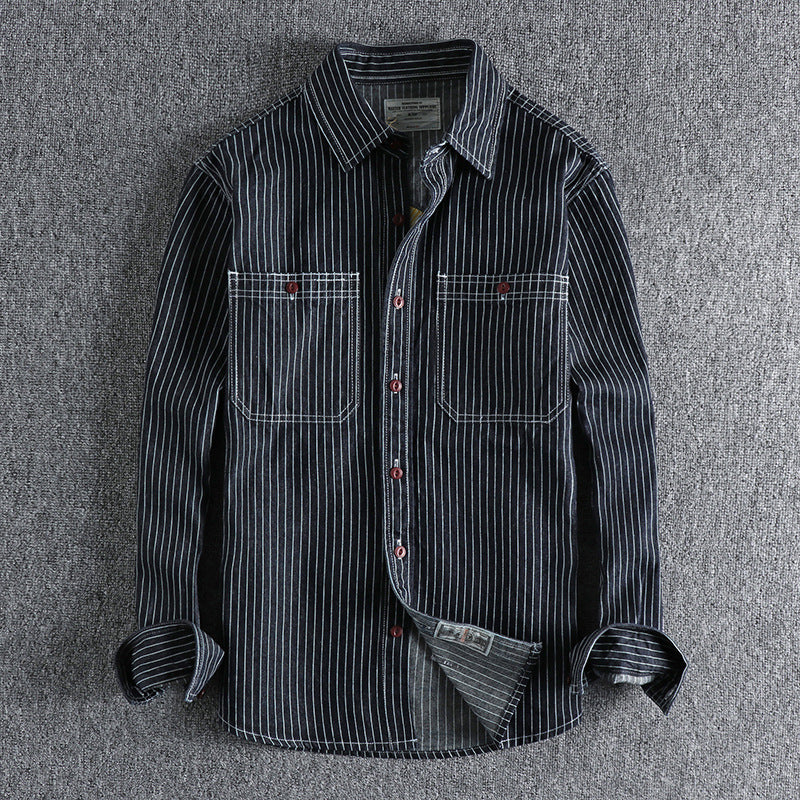 Back Embroidered Heavy Woven Long-sleeved Shirt - Stripes Denim / S