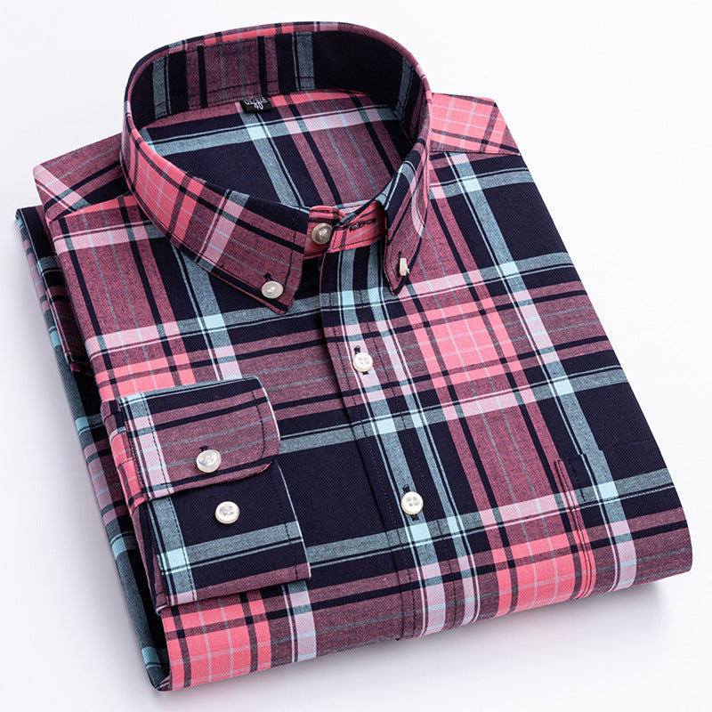 Men’s Xinjiang Cotton Plaid Buckle Collar Casual Cardigan Shirt