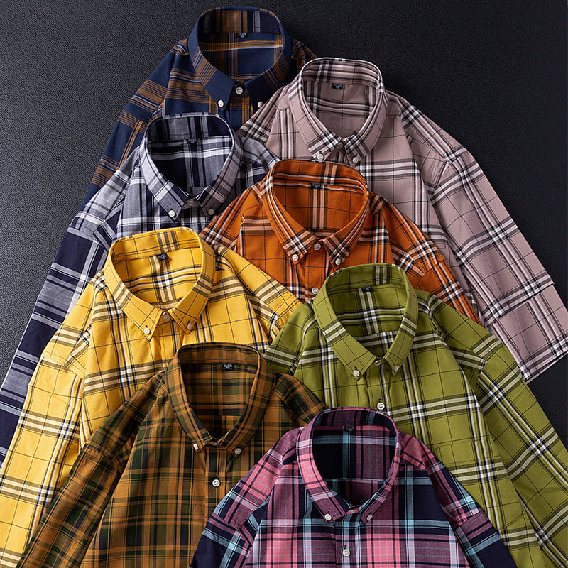 Men’s Xinjiang Cotton Plaid Buckle Collar Casual Cardigan Shirt