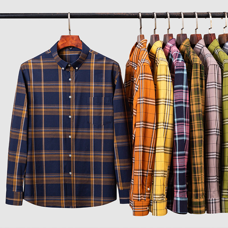 Men’s Xinjiang Cotton Plaid Buckle Collar Casual Cardigan Shirt