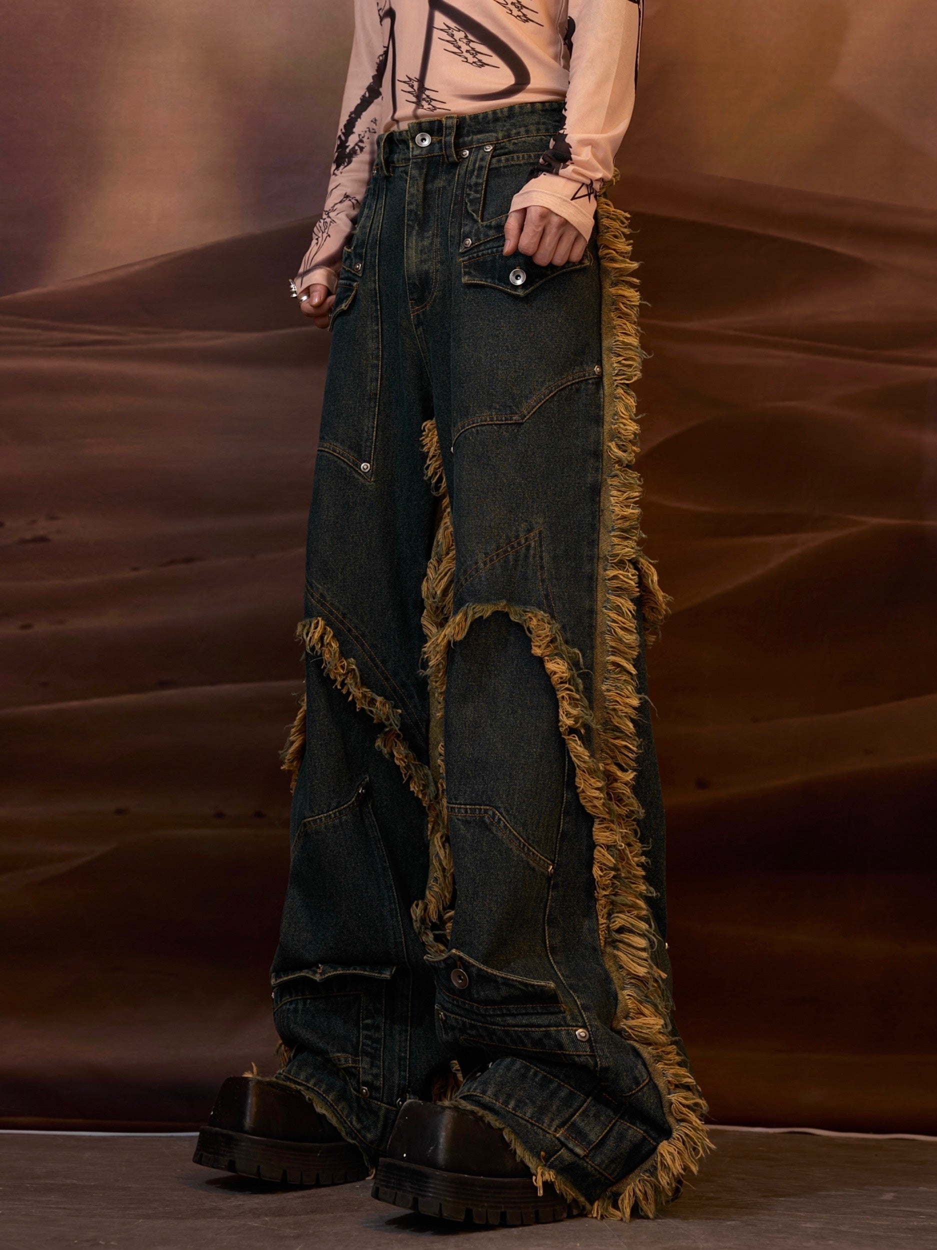 Deconstructed Distressed Burrs Tassels Jeans
