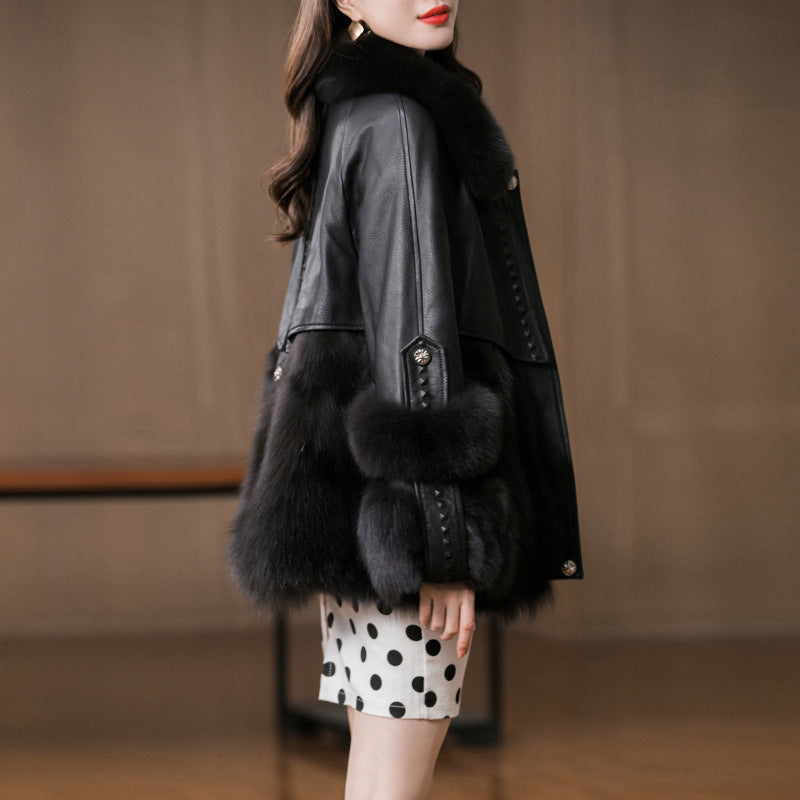 Young Genuine Leather Fur Coat Sheep Fur Fur All-in-one Coat Women’s Coat - Black / M