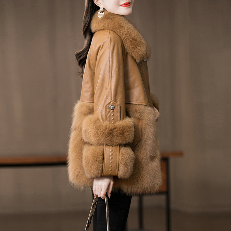 Young Genuine Leather Fur Coat Sheep Fur Fur All-in-one Coat Women’s Coat - Yellow / M
