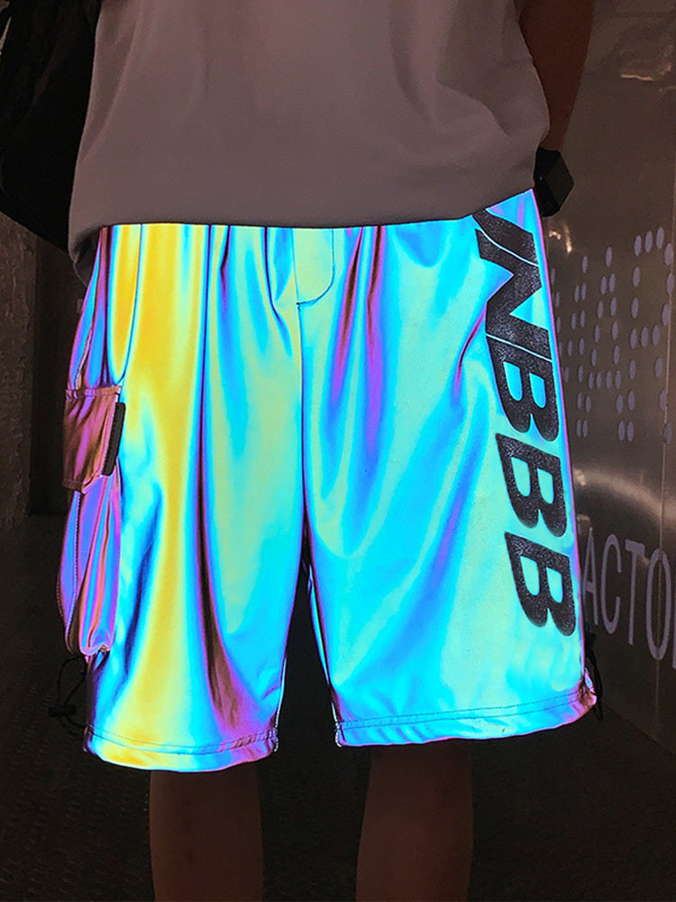 Laser Reflective Shorts Men’s Trendy Brand Loose Straight Sports Colorful Shiny Tooling Five-Point Pants