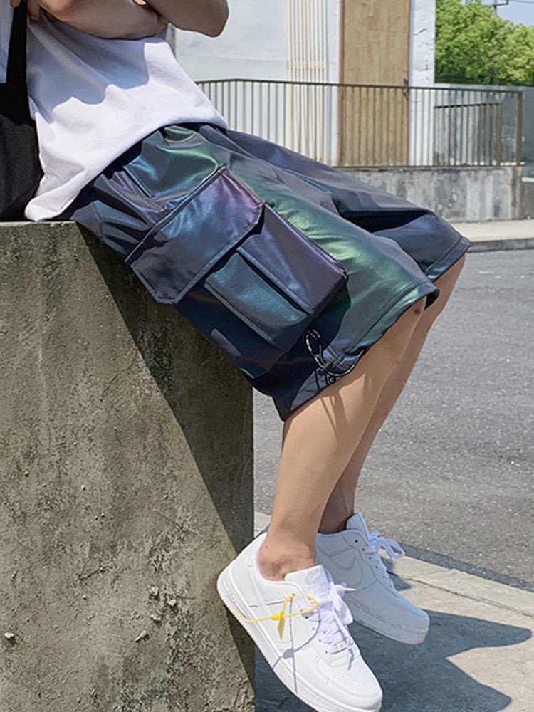 Laser Reflective Shorts Men’s Trendy Brand Loose Straight Sports Colorful Shiny Tooling Five-Point Pants