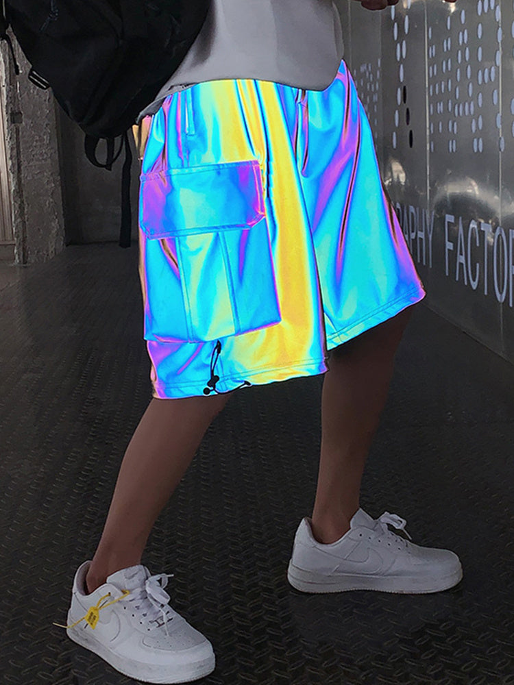 Laser Reflective Shorts Men’s Trendy Brand Loose Straight Sports Colorful Shiny Tooling Five-Point Pants