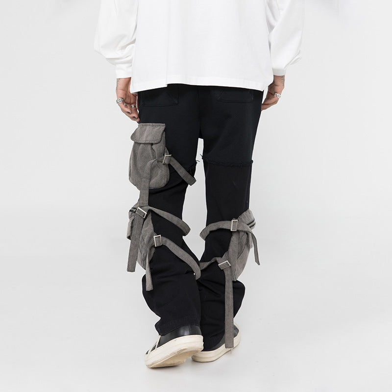 Men’s European And American Multi-pocket Decoration Color Matching Casual Pants - Black / M