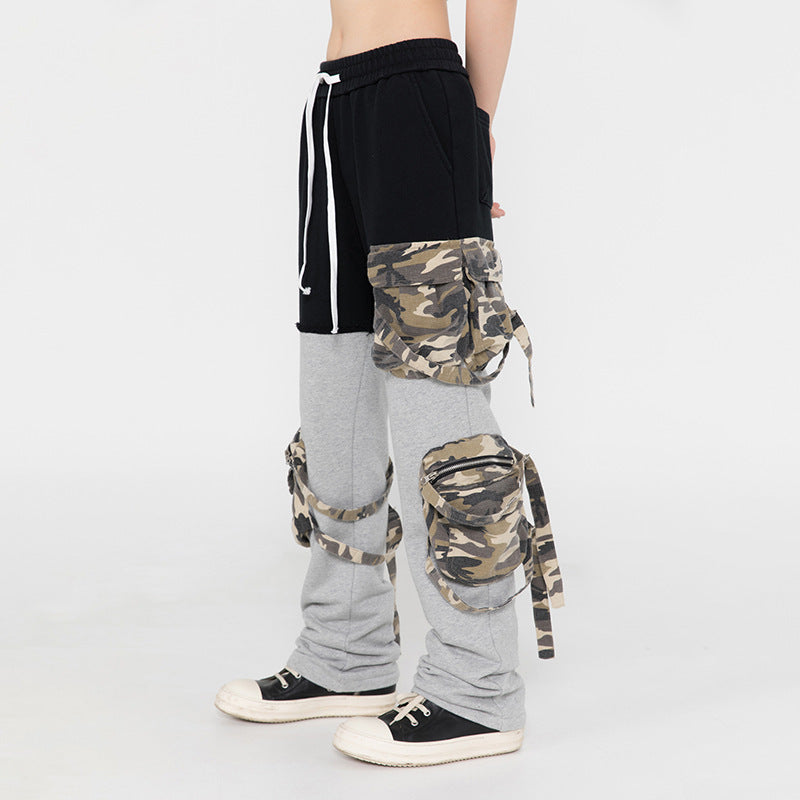 Men’s European And American Multi-pocket Decoration Color Matching Casual Pants - Grey / M