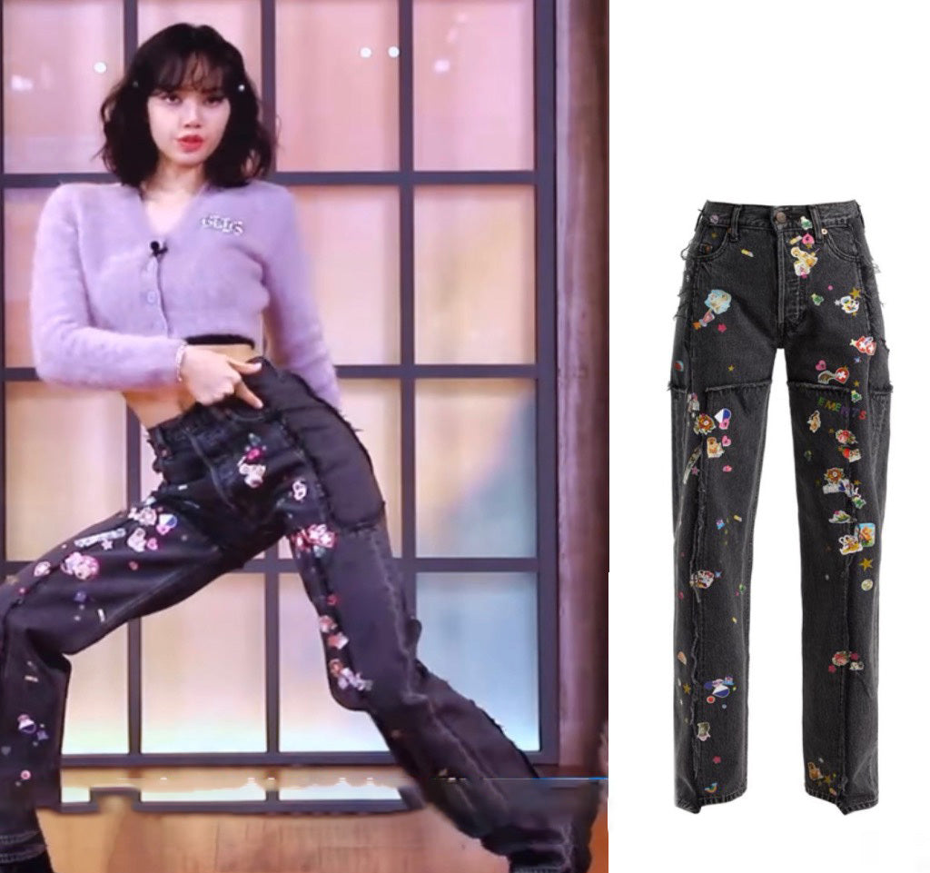 Youth With You 3 Lisa Same Black Heavy Industry Small Graffiti Hot Stamping Straight Jeans Pants