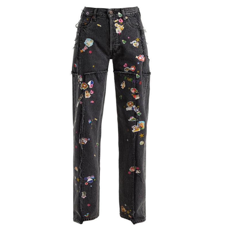 Youth With You 3 Lisa Same Black Heavy Industry Small Graffiti Hot Stamping Straight Jeans Pants