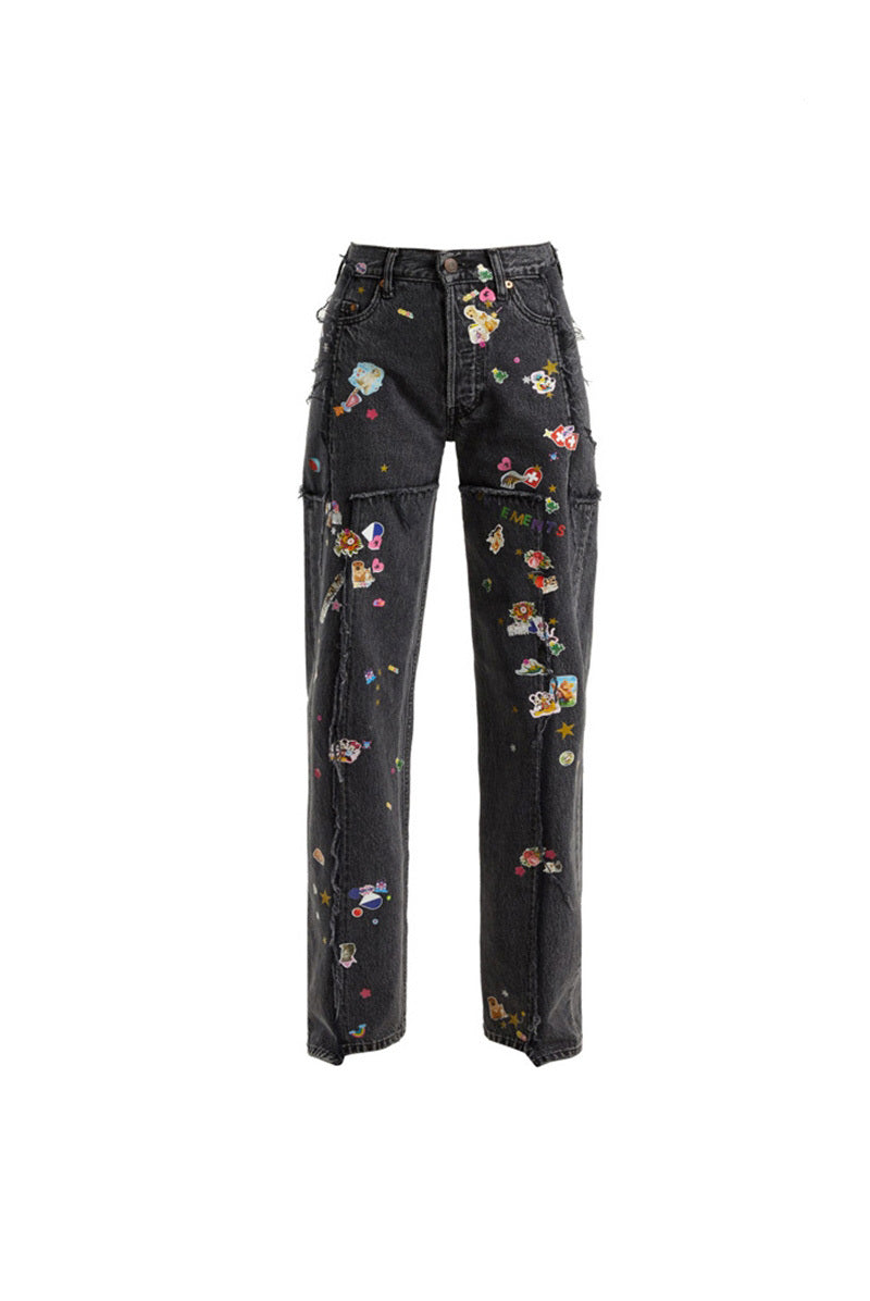 Youth With You 3 Lisa Same Black Heavy Industry Small Graffiti Hot Stamping Straight Jeans Pants