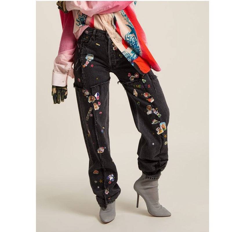 Youth With You 3 Lisa Same Black Heavy Industry Small Graffiti Hot Stamping Straight Jeans Pants