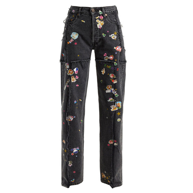 Youth With You 3 Lisa Same Black Heavy Industry Small Graffiti Hot Stamping Straight Jeans Pants - Black / S