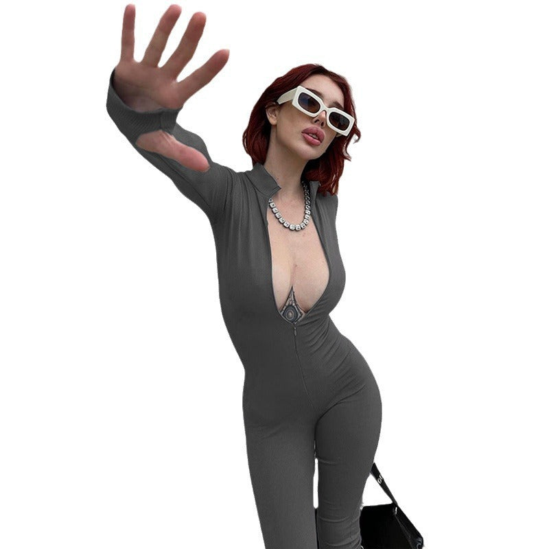 Women’s Fashion Personality Chest Zipper Slim-fit Long-sleeved Stretch Bottoming Jumpsuit