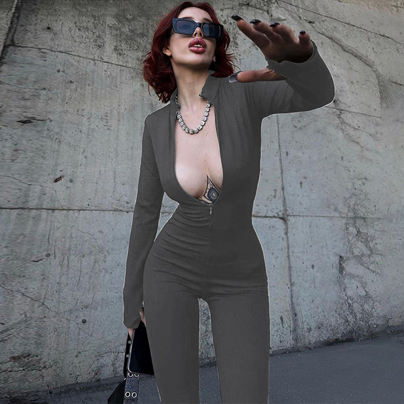 Women’s Fashion Personality Chest Zipper Slim-fit Long-sleeved Stretch Bottoming Jumpsuit
