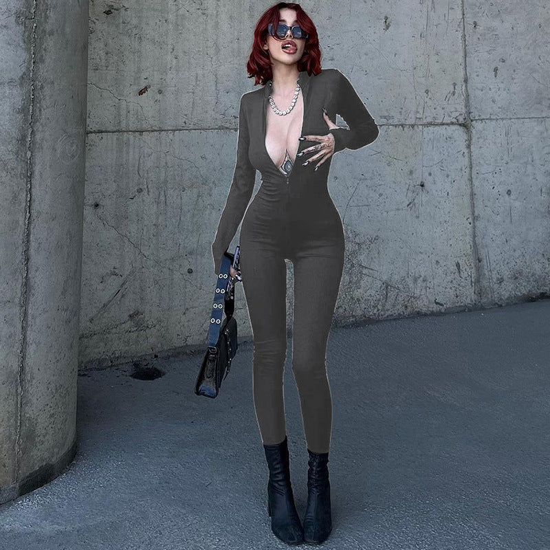Women’s Fashion Personality Chest Zipper Slim-fit Long-sleeved Stretch Bottoming Jumpsuit - S / Gray